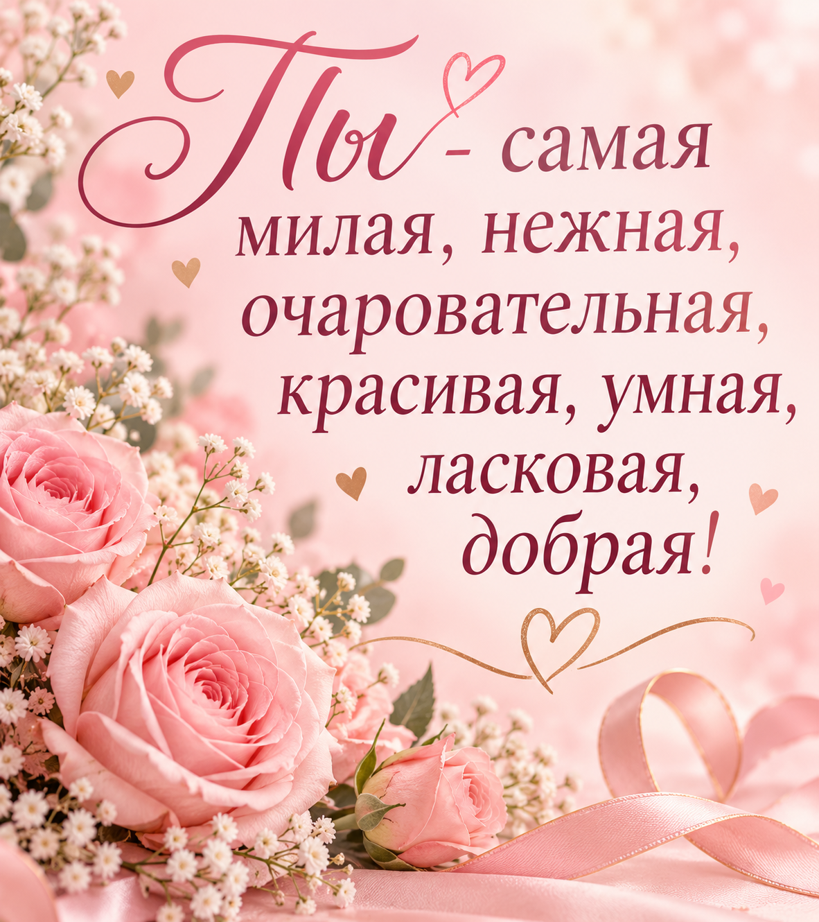 Ты - самая милая, нежная, очаровательная, красивая, умная, ласковая, добрая!