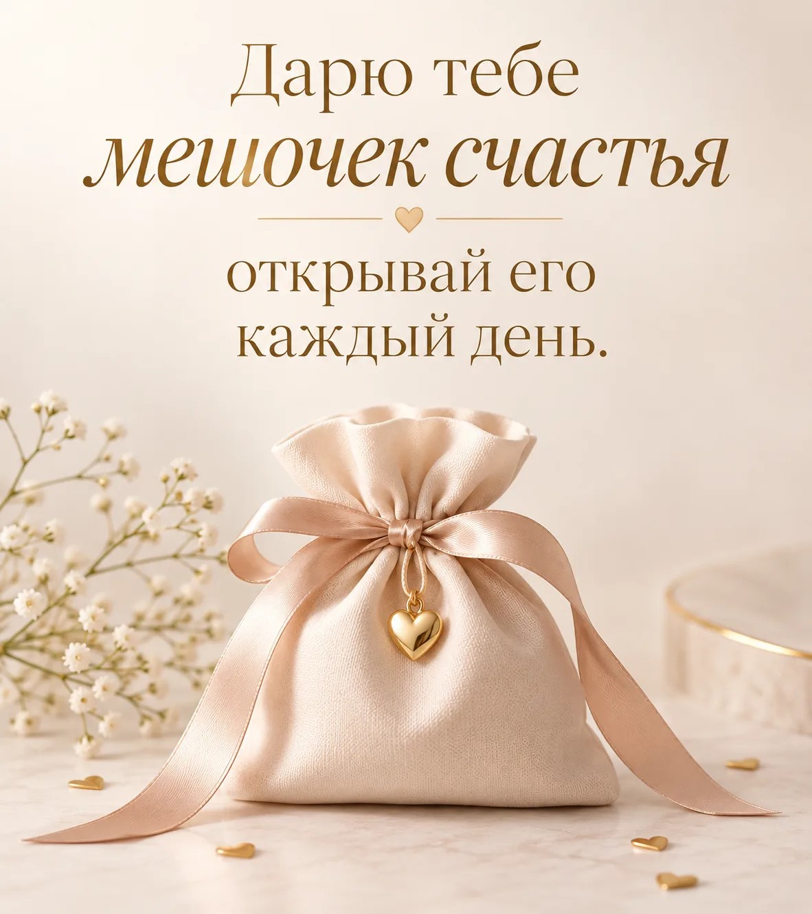 Дарю тебе мешочек счастья открывай его каждый день.